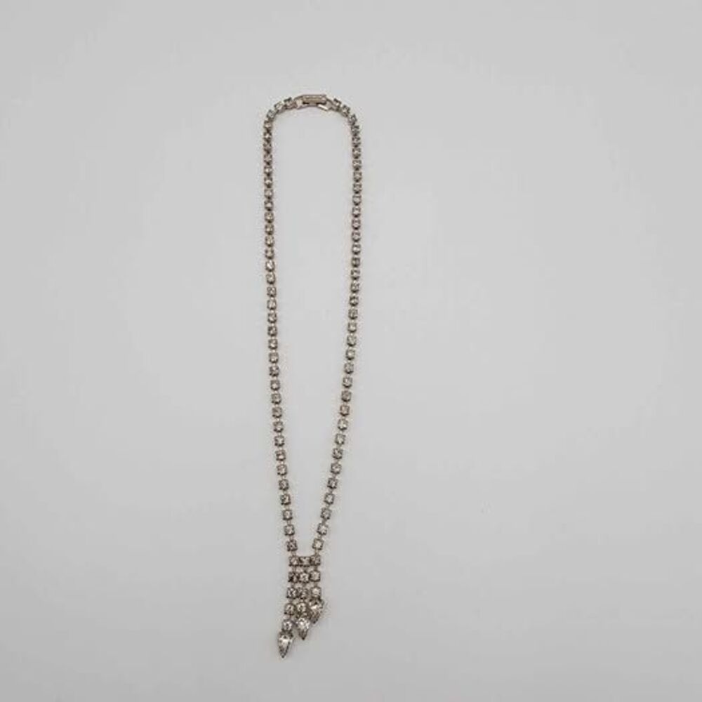 Vintage Silver-Tone Rhinestone Drop Pendant Necklace
